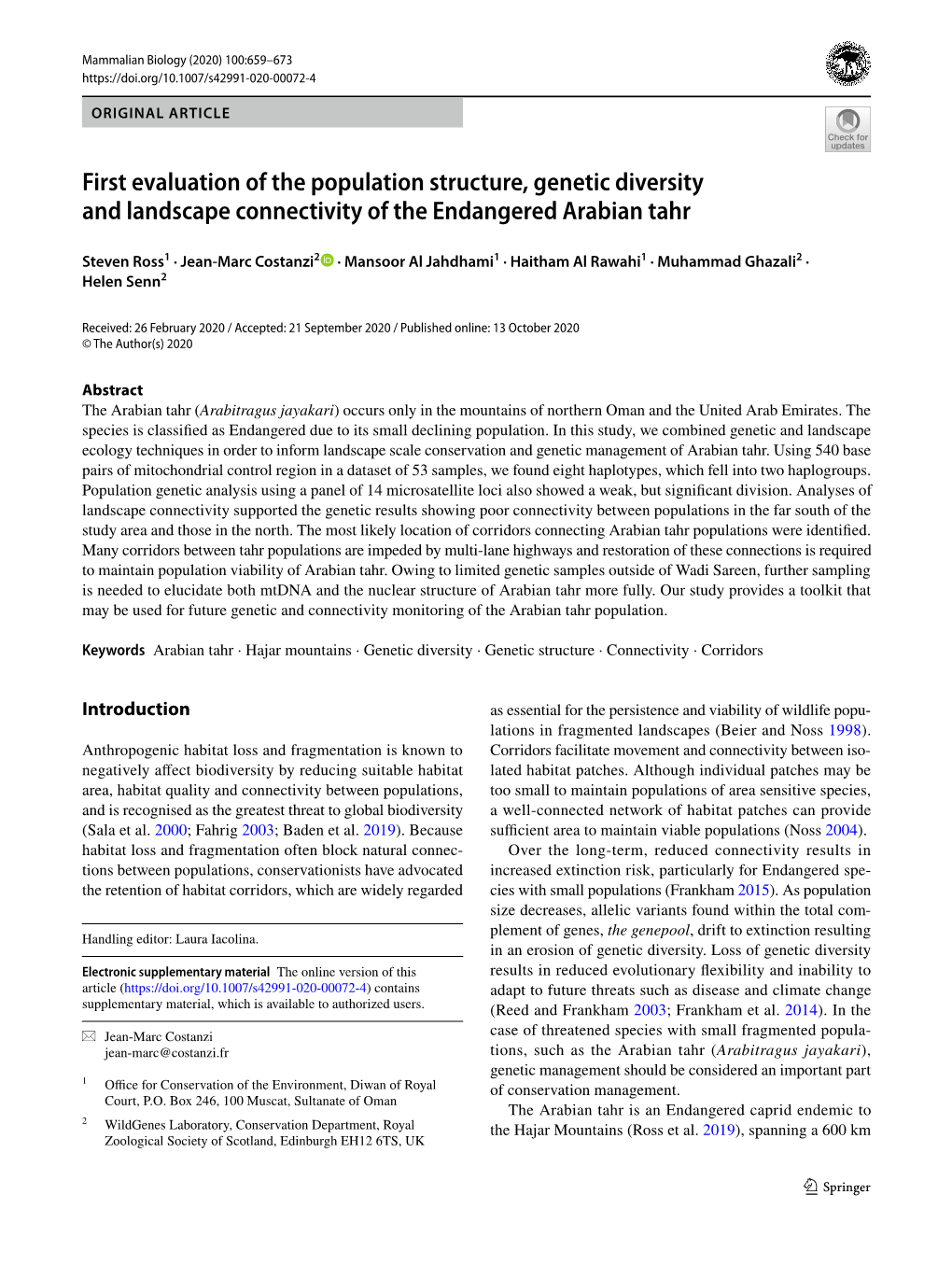 First Evaluation of the Population Structure, Genetic Diversity and Landscape Connectivity of the Endangered Arabian Tahr
