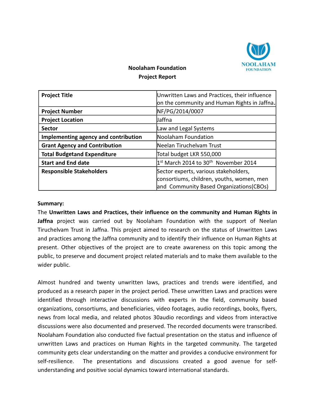 Noolaham Foundation Project Report Project Title Unwritten Laws And