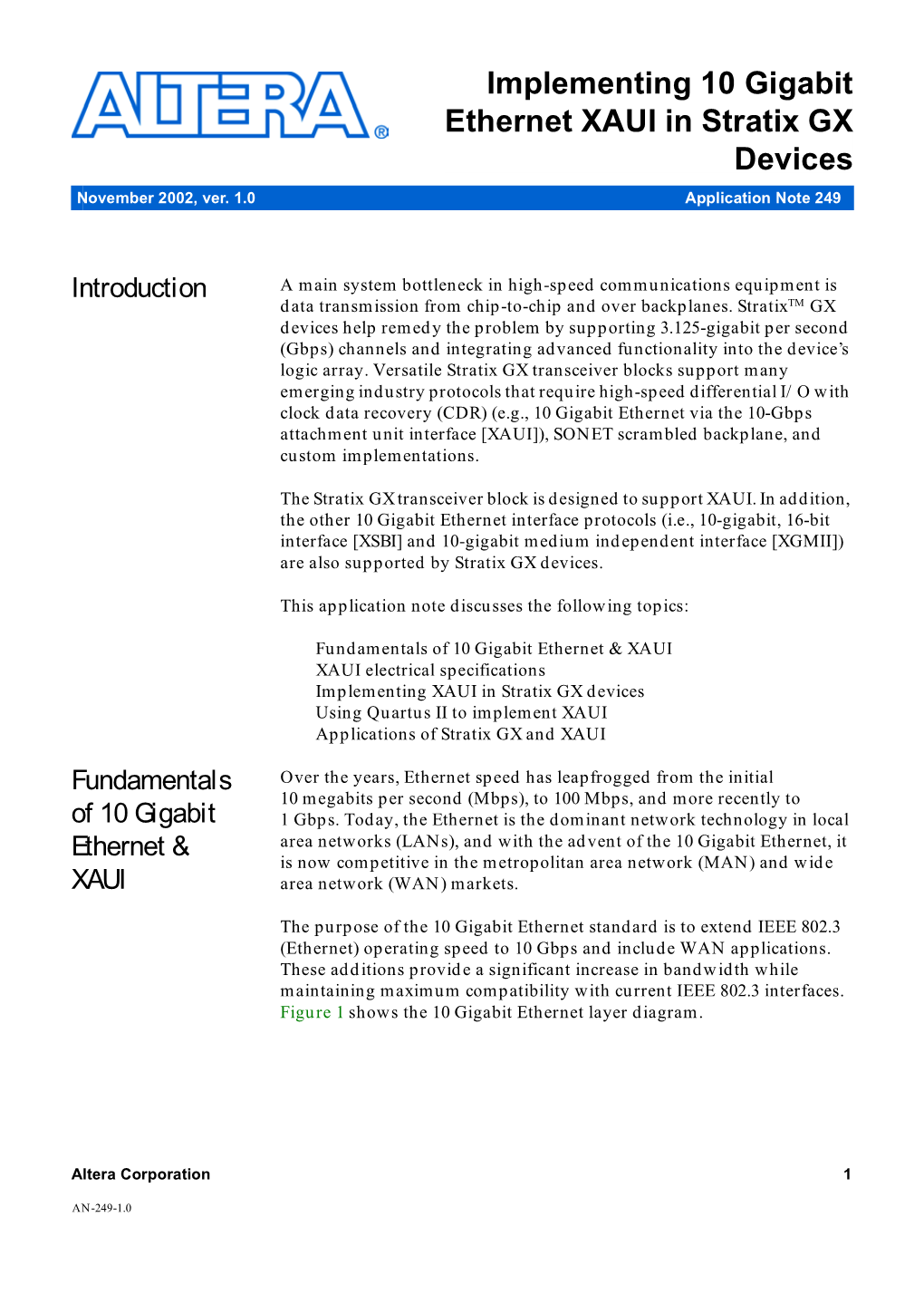 AN 249: Implementing 10 Gigabit Ethernet XAUI in Stratix GX Devices