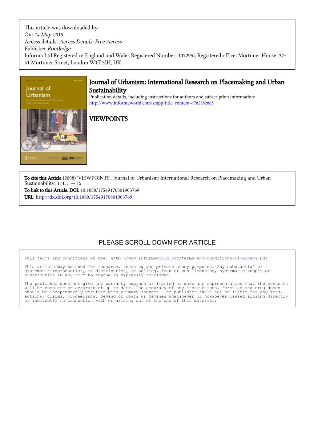 Journal of Urbanism: International Research on Placemaking and Urban Sustainability VIEWPOINTS