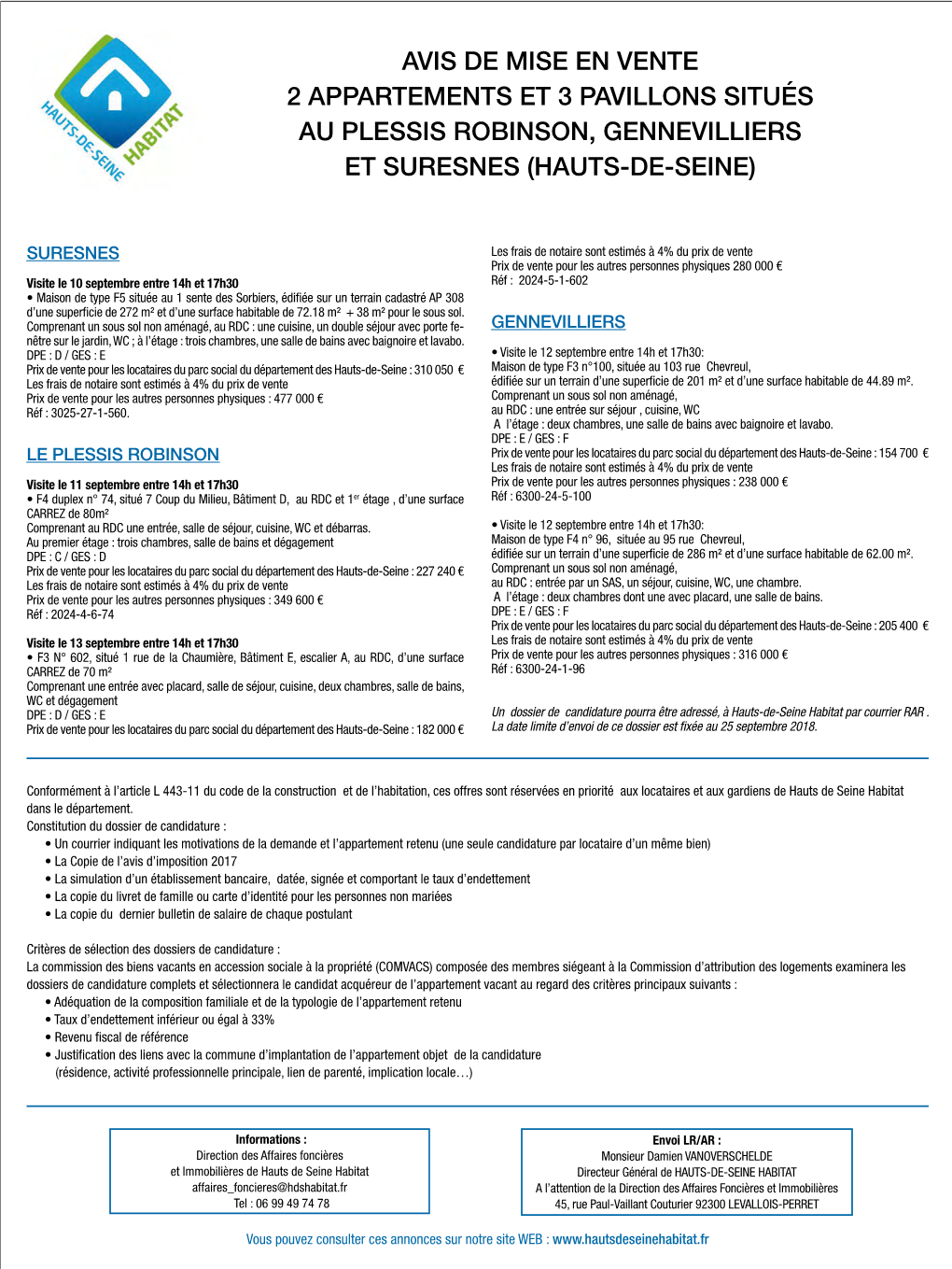 Avis De Mise En Vente 2 Appartements Et 3 Pavillons Situés Au Plessis Robinson, Gennevilliers Et Suresnes (Hauts-De-Seine)