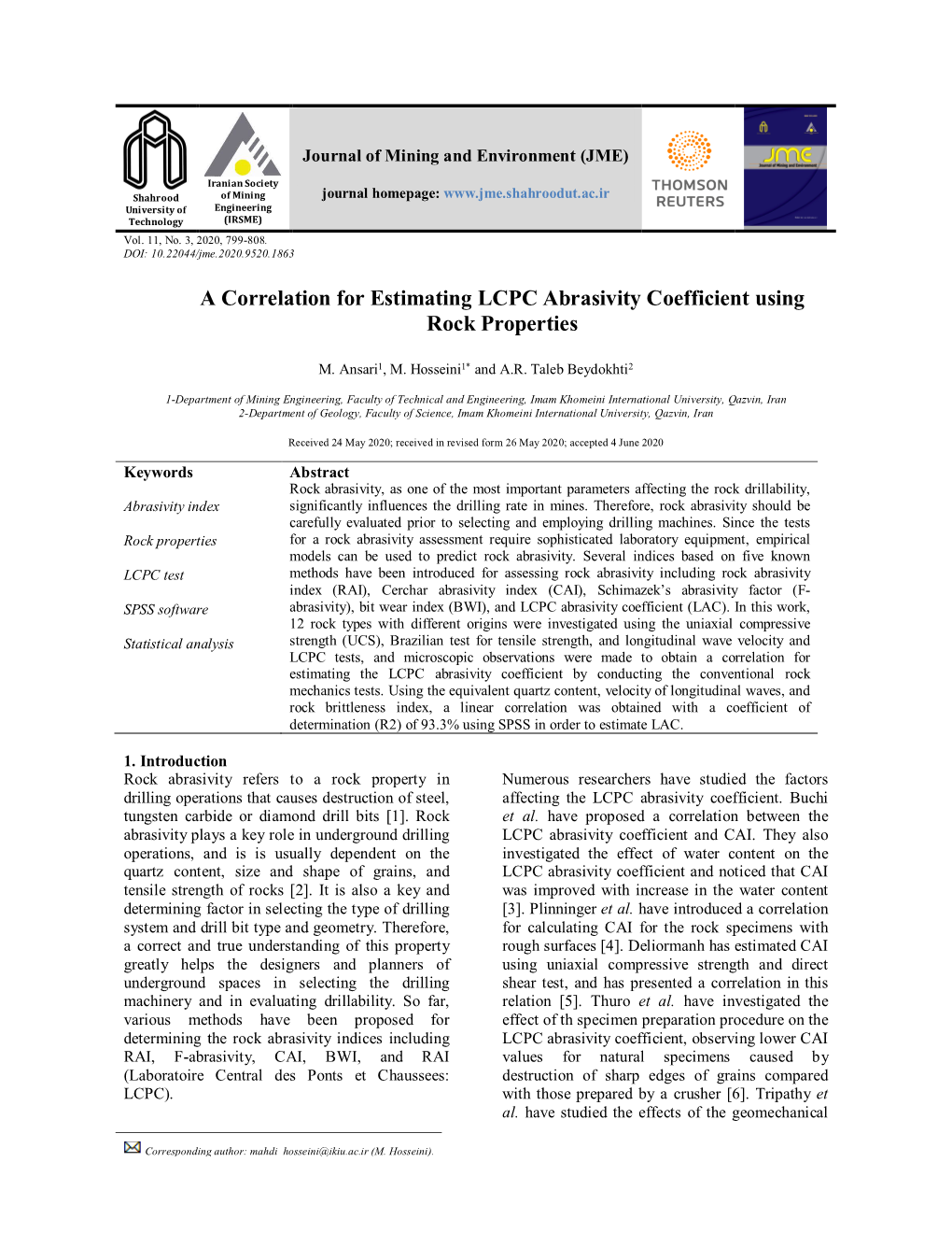 A Correlation for Estimating LCPC Abrasivity Coefficient Using Rock Properties