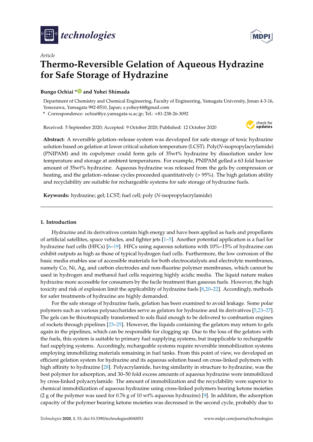 Thermo-Reversible Gelation of Aqueous Hydrazine for Safe Storage of Hydrazine