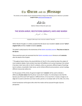 The Seven Ahruf, Recitations (Qiraat), Hafs and Warsh