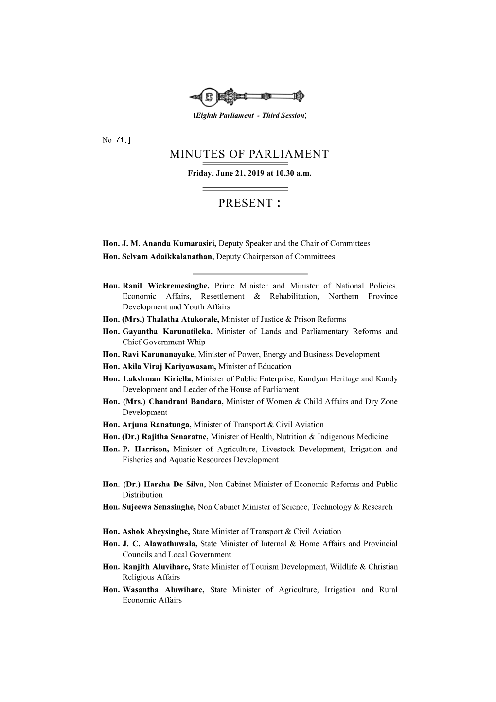 Minutes of Parliament for 21.06.2019