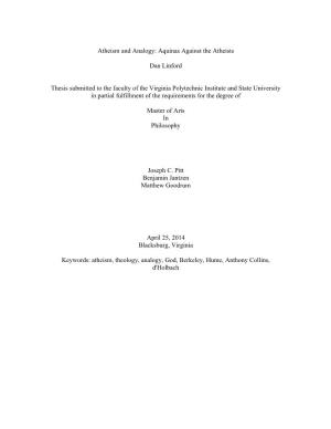 Atheism and Analogy: Aquinas Against the Atheists Dan Linford Thesis Submitted to the Faculty of the Virginia Polytechnic Instit