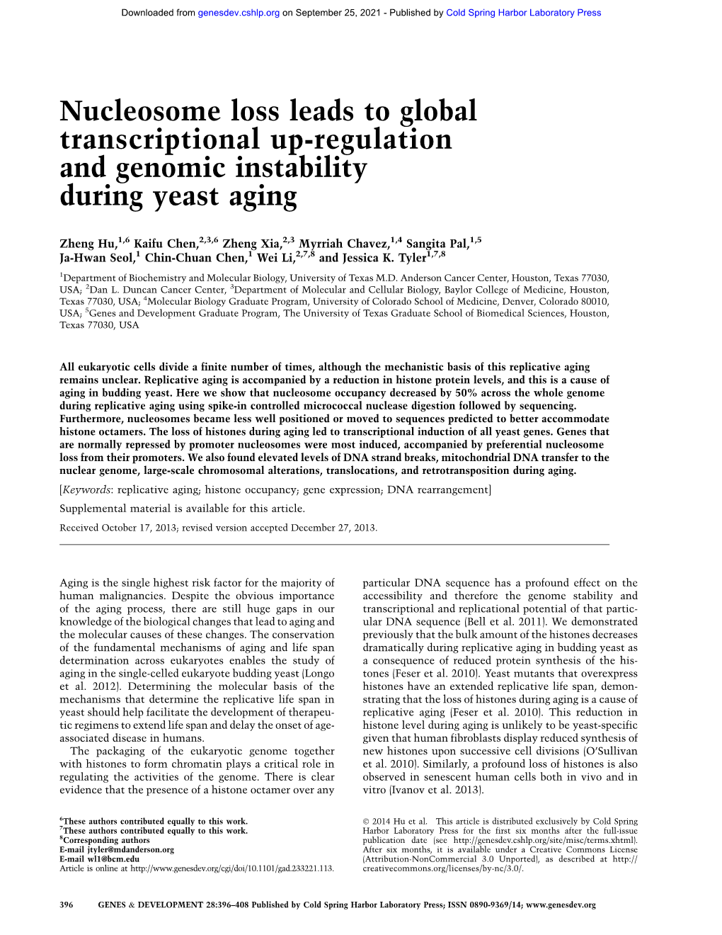 Nucleosome Loss Leads to Global Transcriptional Up-Regulation and Genomic Instability During Yeast Aging