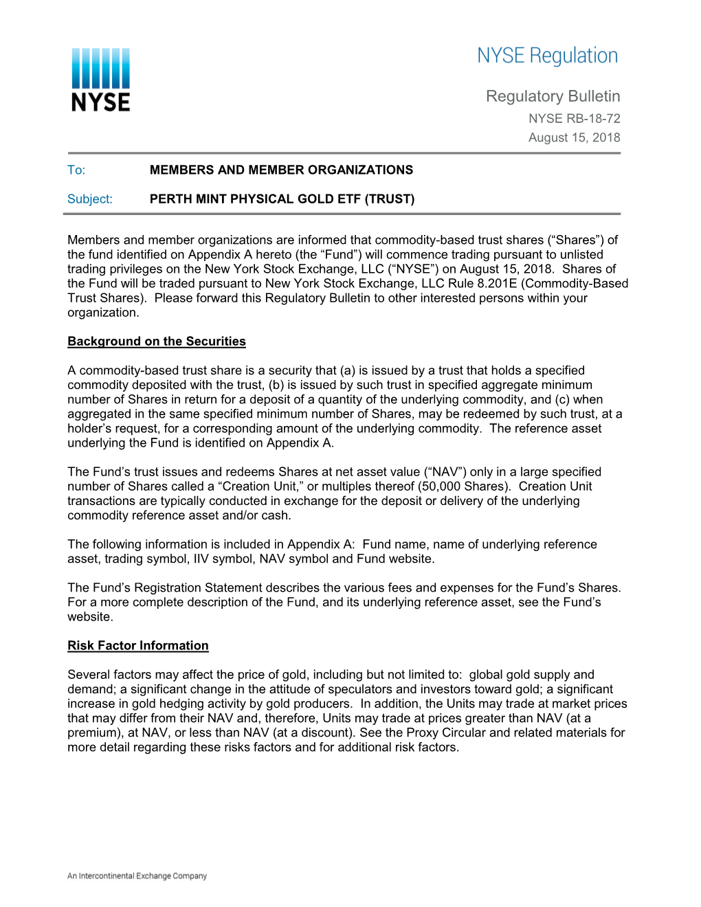 Regulatory Bulletin NYSE RB-18-72