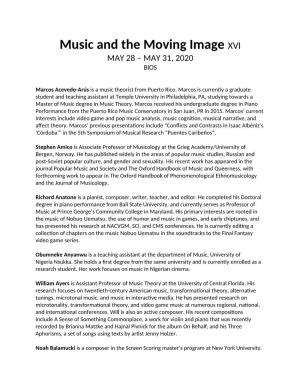 Music and the Moving Image XVI MAY 28 – MAY 31, 2020 BIOS