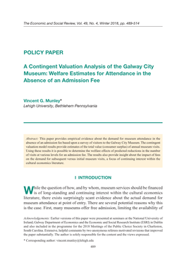 A Contingent Valuation Analysis of the Galway City Museum: Welfare Estimates for Attendance in the Absence of an Admission Fee