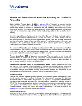Valneva and Bavarian Nordic Announce Marketing and Distribution Partnership
