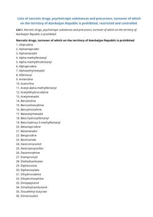 Lists of Narcotic Drugs, Psychotropic Substances and Precursors, Turnover of Which on the Territory of Azerbaijan Republic Is Prohibited, Restricted and Controlled