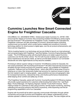 Cummins Launches New Smart Connected Engine for Freightliner Cascadia