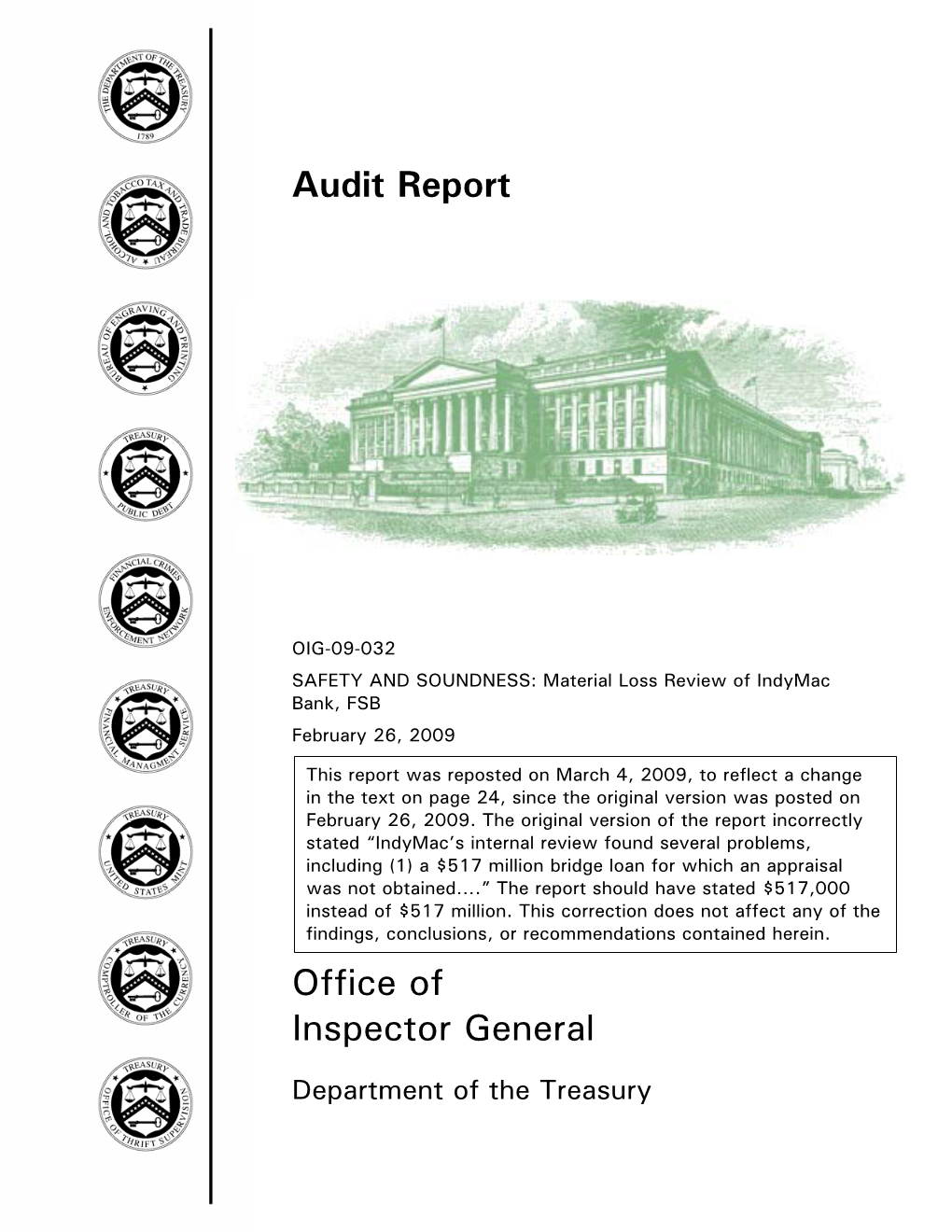 Material Loss Review of Indymac Bank, FSB February 26, 2009