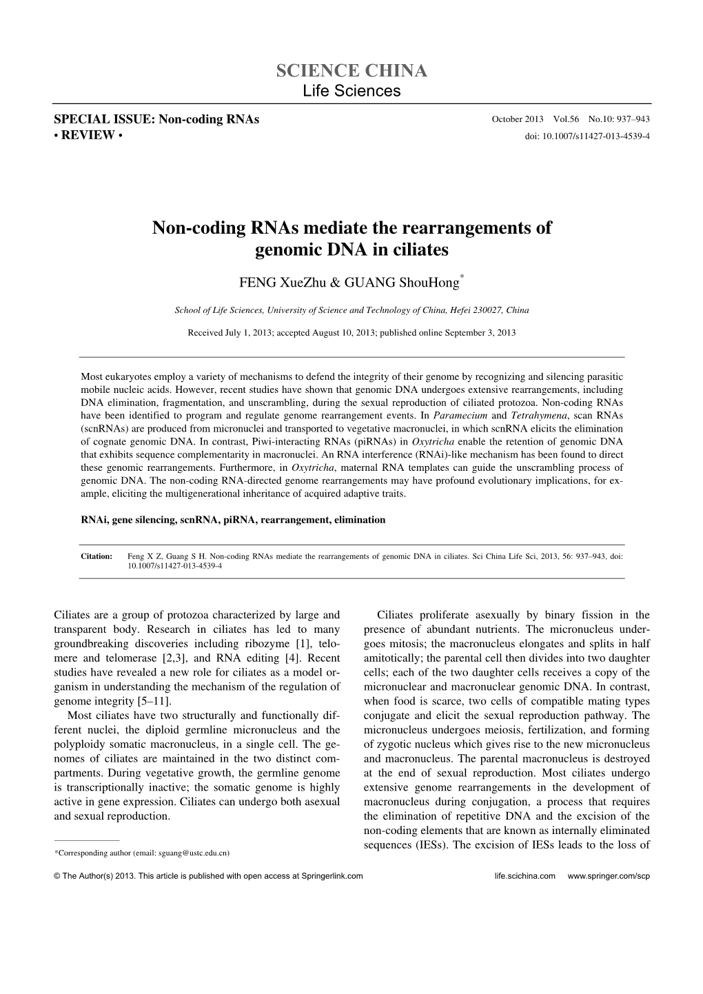 SCIENCE CHINA Non-Coding Rnas Mediate the Rearrangements Of