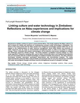Linking Culture and Water Technology in Zimbabwe: Reflections on Ndau Experiences and Implications for Climate Change