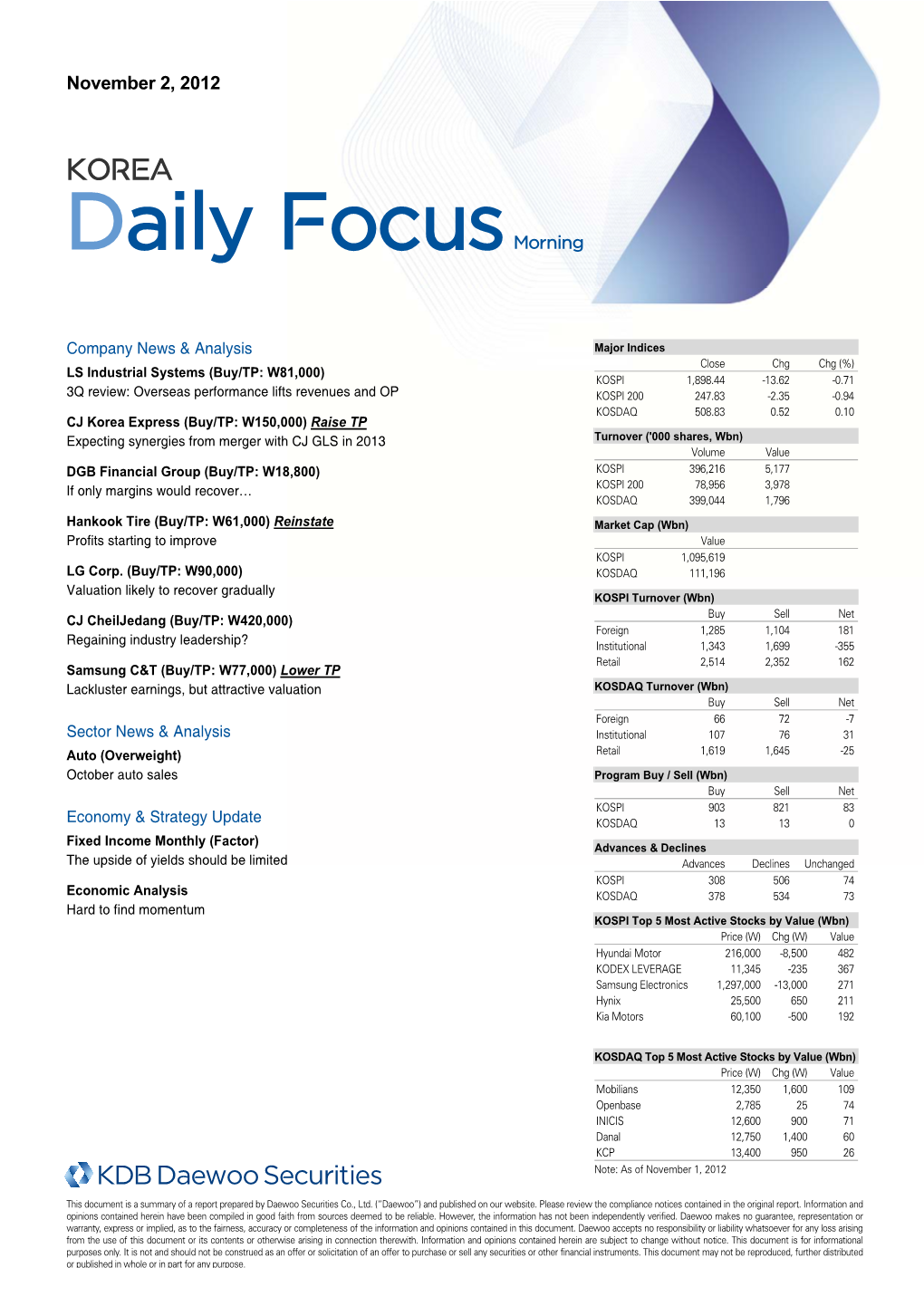 Hankook Tire (Buy/TP: W61,000) Reinstate Market Cap (Wbn) Profits Starting to Improve Value KOSPI 1,095,619 LG Corp