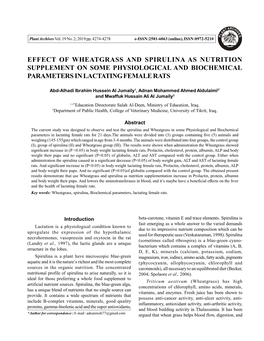 Effect of Wheatgrass and Spirulina As Nutrition Supplement on Some Physiological and Biochemical Parameters in Lactating Female Rats