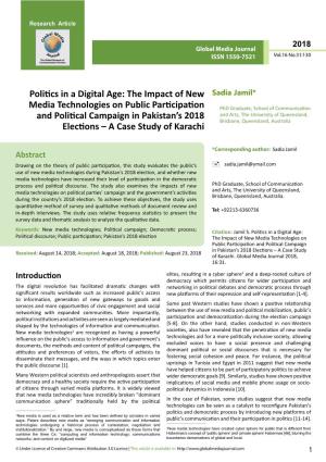 Politics in a Digital Age: the Impact of New Media Technologies on Public Participation and Political Campaign in Pakistan's 2