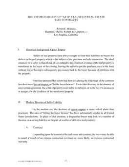 1- the ENFORCEABILITY of "AS IS" CLAUSES in REAL ESTATE SALE CONTRACTS Robert E. Williams Sheppard, Mullin, Richter &