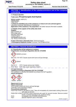 Safety Data Sheet According to 1907/2006/EC, Article 31 Date Printed 27.02.2019 Version Number 1 Revision Date 22.06.2015