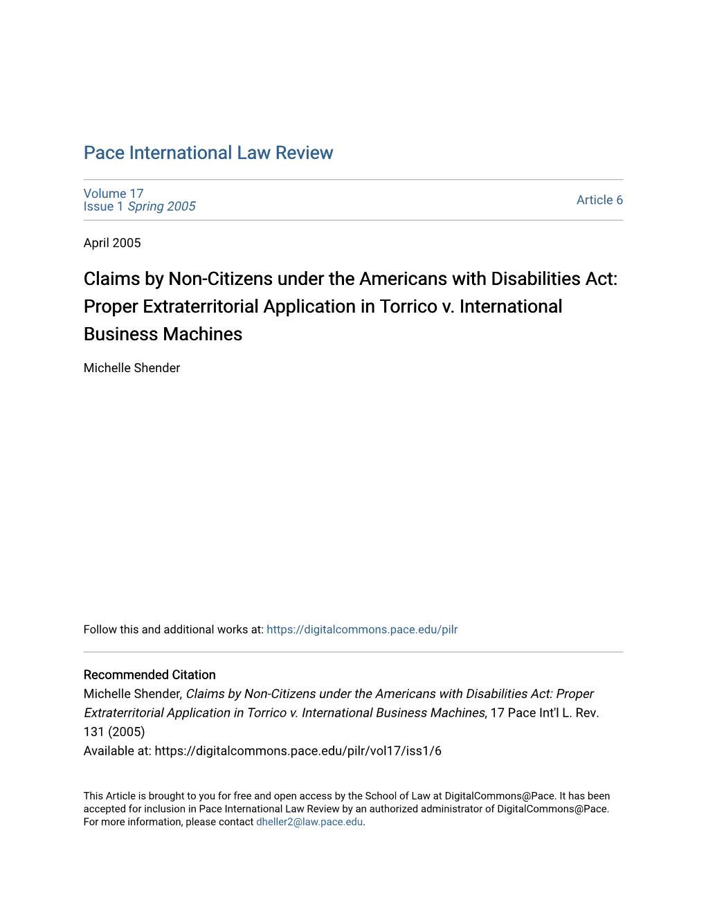 Claims by Non-Citizens Under the Americans with Disabilities Act: Proper Extraterritorial Application in Torrico V