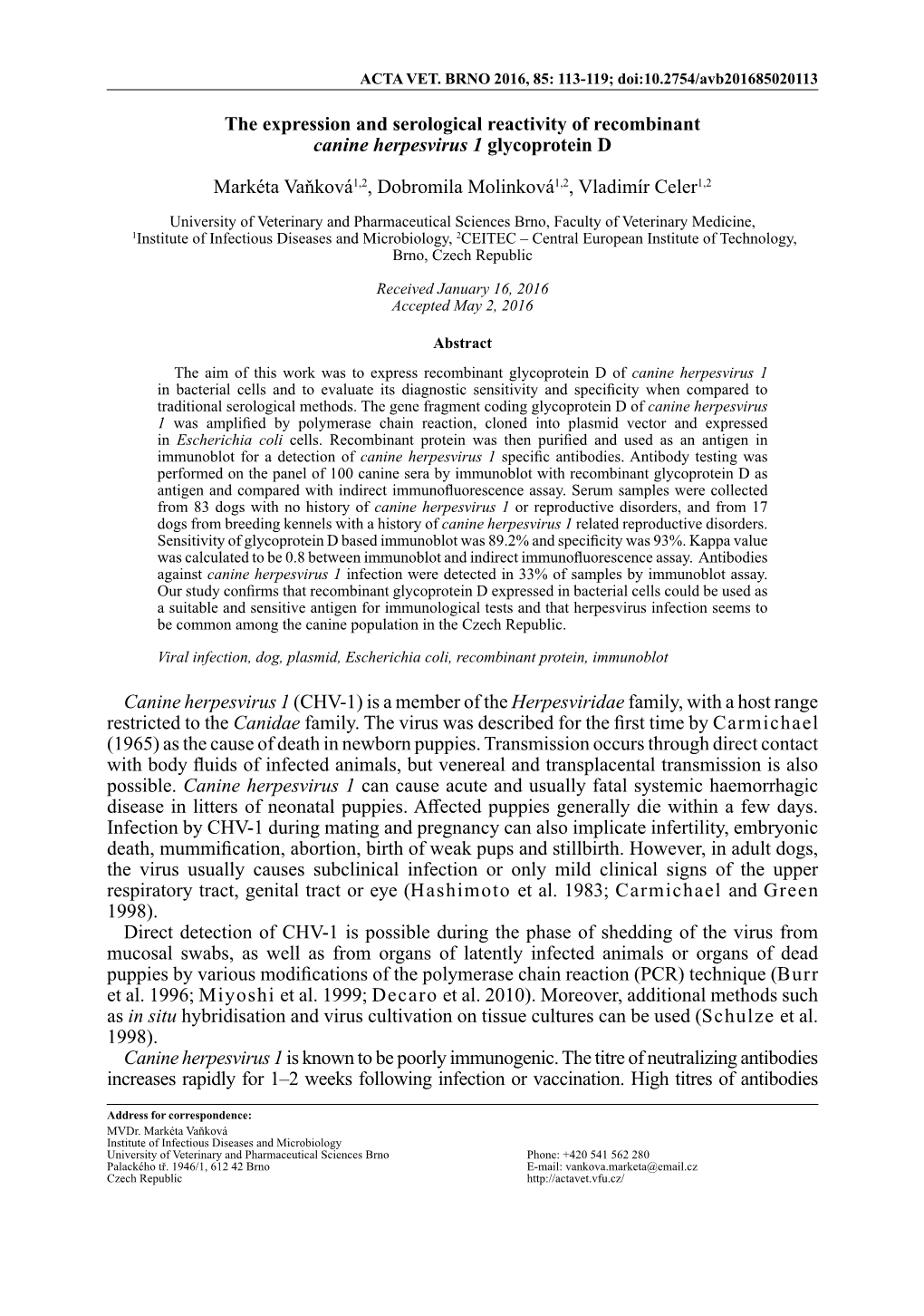 The Expression and Serological Reactivity of Recombinant Canine Herpesvirus 1 Glycoprotein D