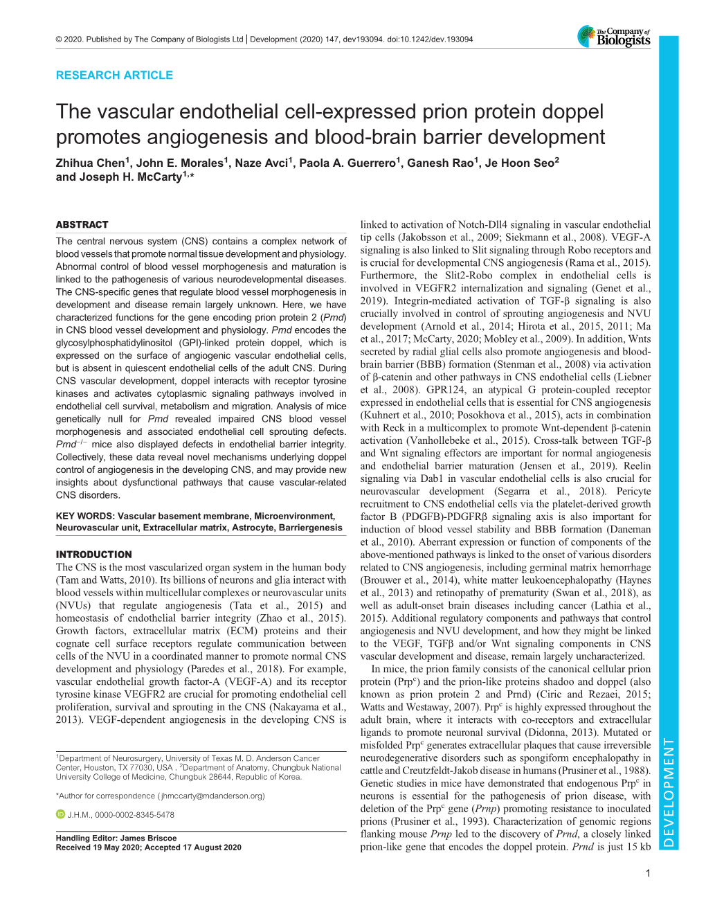 The Vascular Endothelial Cell-Expressed Prion Protein Doppel Promotes Angiogenesis and Blood-Brain Barrier Development Zhihua Chen1, John E