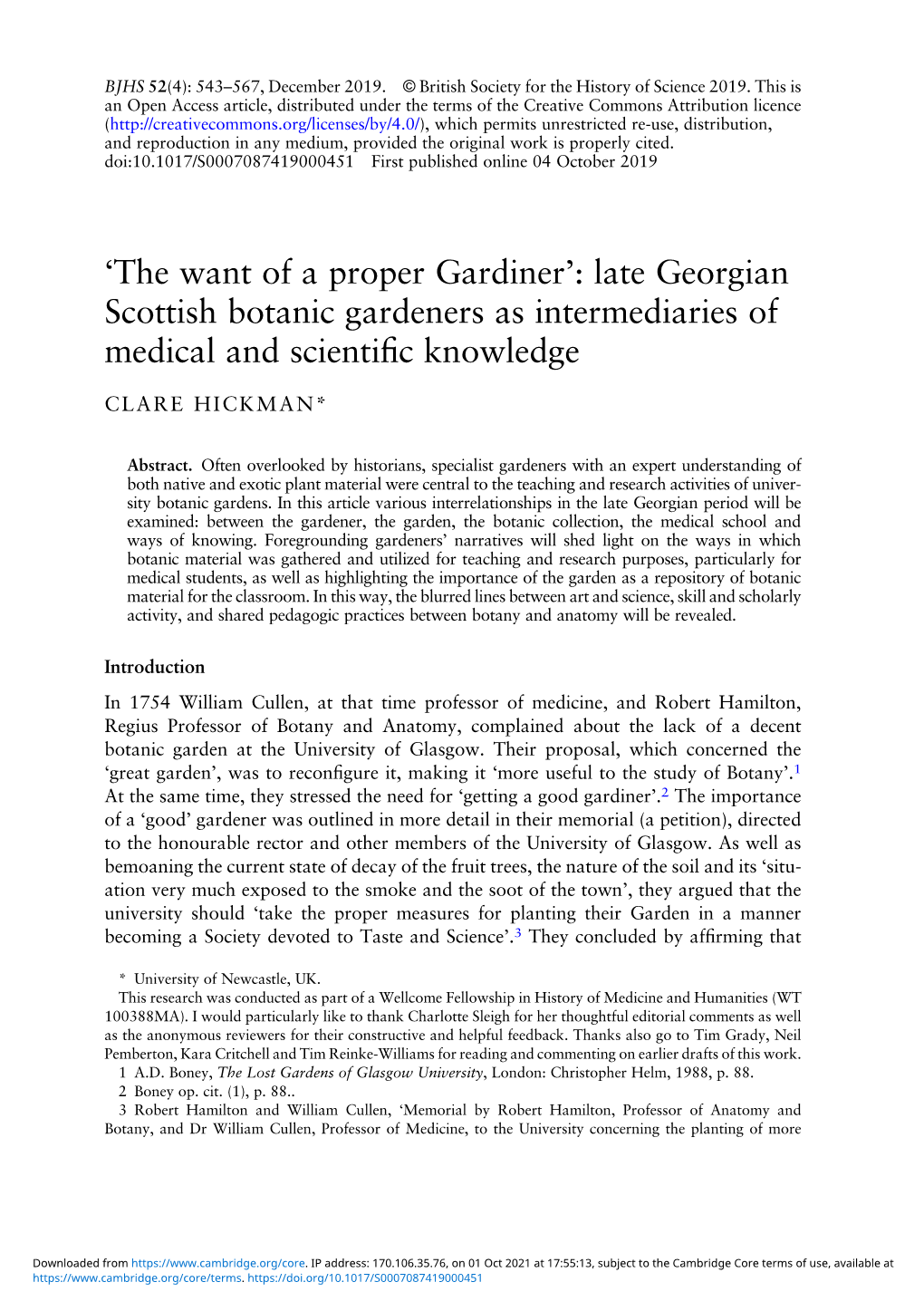 'The Want of a Proper Gardiner': Late Georgian Scottish Botanic