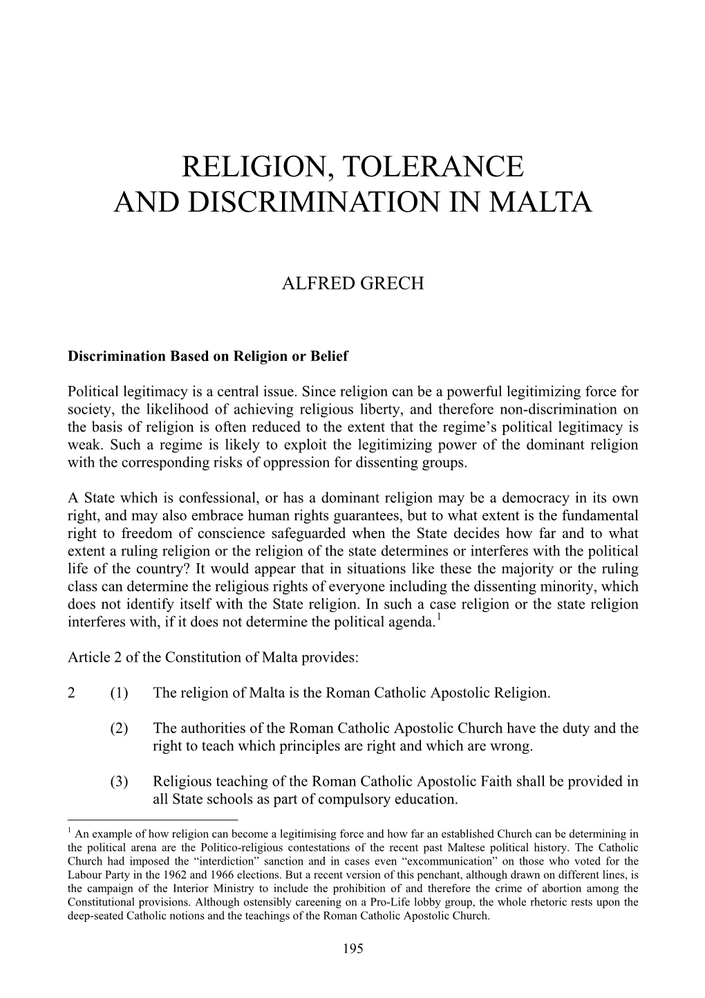 Religion, Tolerance and Discrimination in Malta