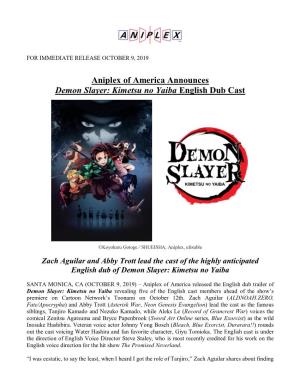 Aniplex of America Announces Demon Slayer: Kimetsu No Yaiba English Dub Cast