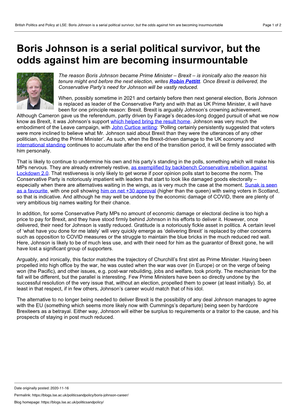 British Politics and Policy at LSE: Boris Johnson Is a Serial Political Survivor, but the Odds Against Him Are Becoming Insurmountable Page 1 of 2