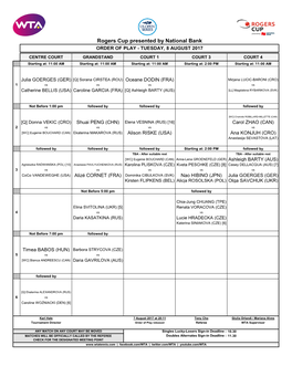 Rogers Cup Presented by National Bank ORDER of PLAY - TUESDAY, 8 AUGUST 2017