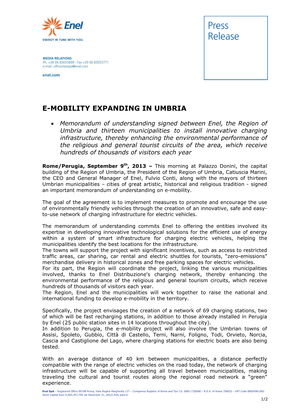 E-Mobility Expanding in Umbria