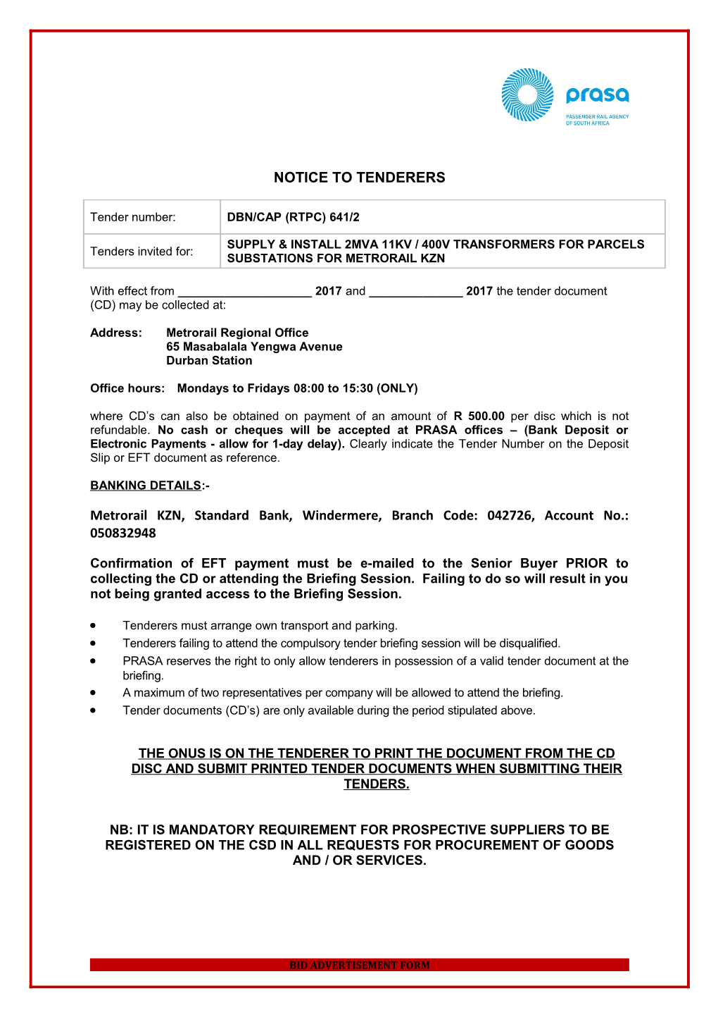 Notice to Tenderers