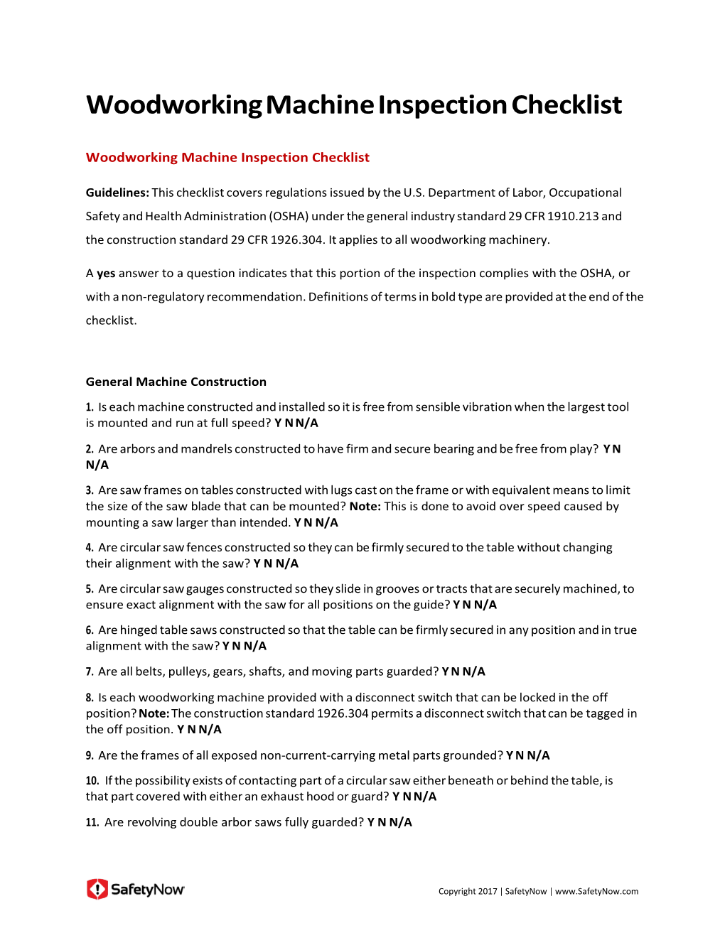 Woodworking Machine Inspection Checklist