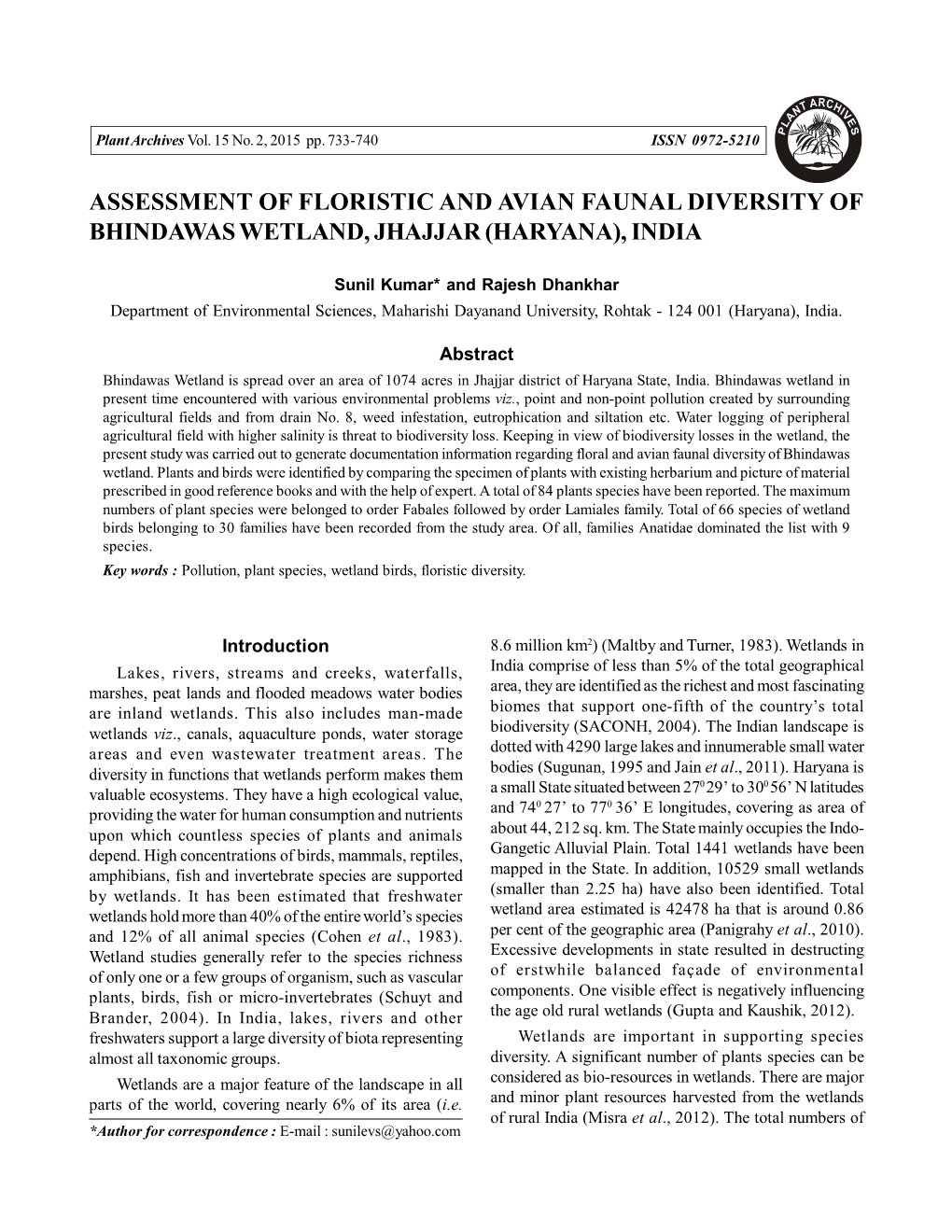 Assessment of Floristic and Avian Faunal Diversity of Bhindawas Wetland, Jhajjar (Haryana), India