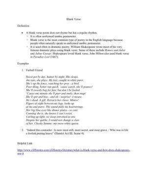 Blank Verse Definition • a Blank Verse Poem
