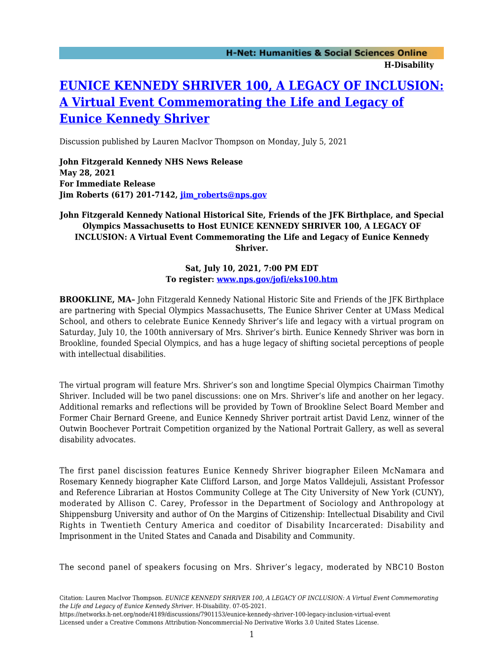 EUNICE KENNEDY SHRIVER 100, a LEGACY of INCLUSION: a Virtual Event Commemorating the Life and Legacy of Eunice Kennedy Shriver