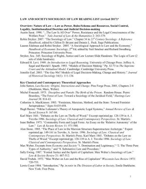 LAW and SOCIETY/SOCIOLOGY of LAW READING LIST (Revised 2017)*