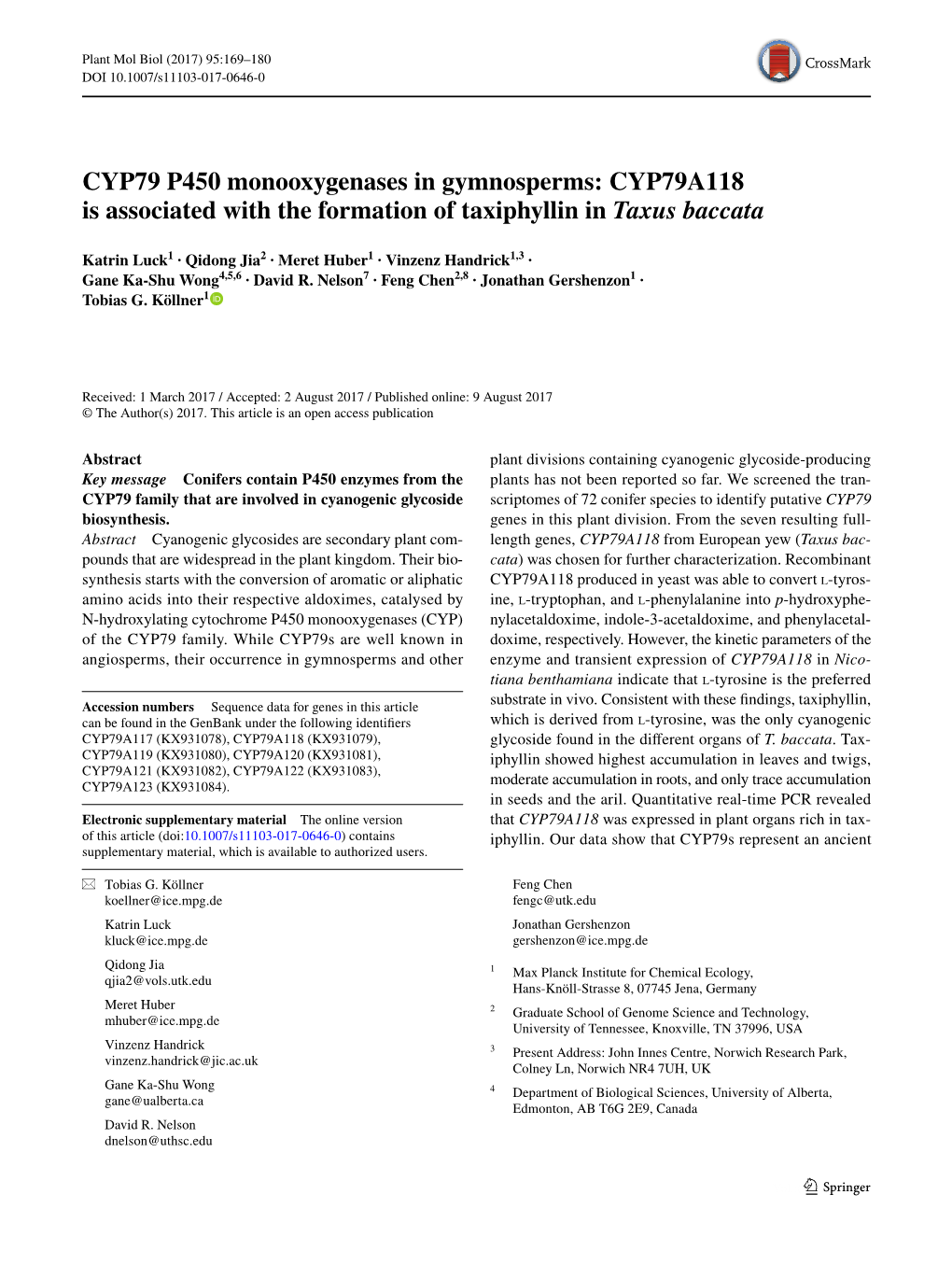 CYP79A118 Is Associated with the Formation of Taxiphyllin in Taxus Baccata