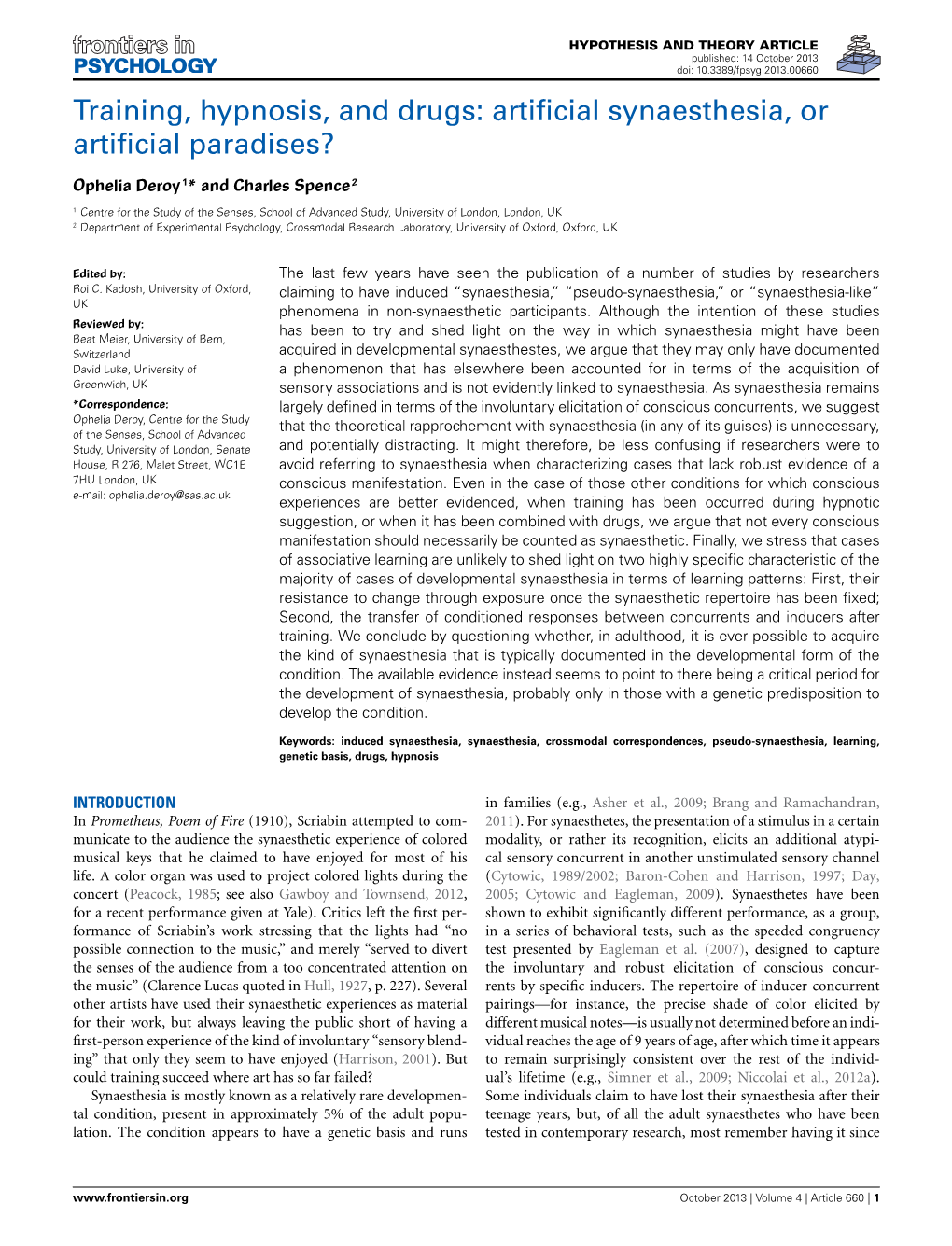 Training, Hypnosis, and Drugs: Artiﬁcial Synaesthesia, Or Artiﬁcial Paradises?