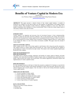 Benefits of Venture Capital in Modern Era Poonam Sood Asst