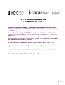 2014 JUNO Week Events Guide — As of March 12, 2014 –
