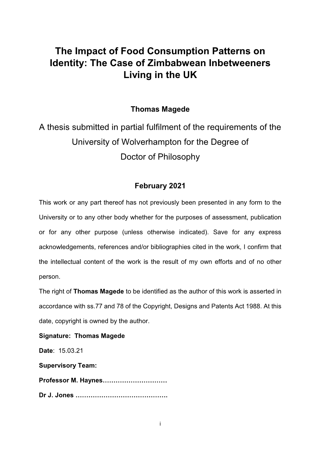 The Impact of Food Consumption Patterns on Identity: the Case of Zimbabwean Inbetweeners Living in the UK