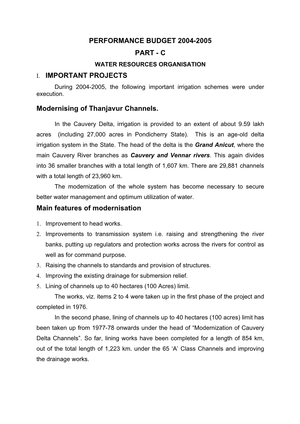 Performance Budget 2004-2005 Part - C Water Resources Organisation I