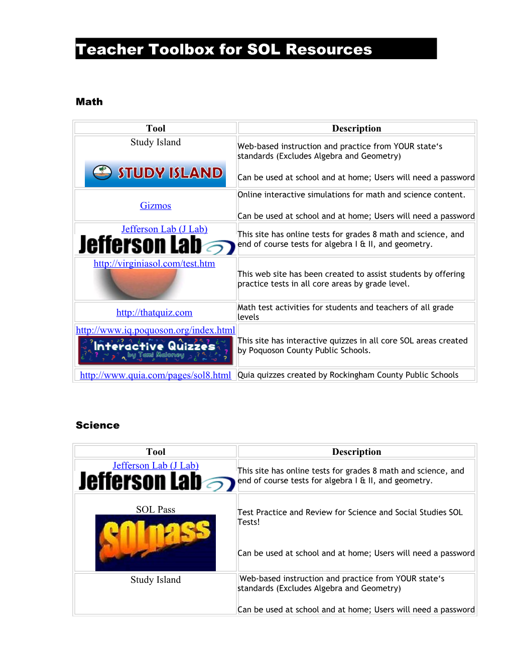 Teacher Toolbox for SOL Resources