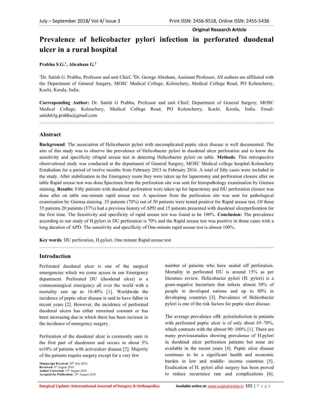 Prevalence of Helicobacter Pylori Infection in Perforated Duodenal Ulcer in a Rural Hospital