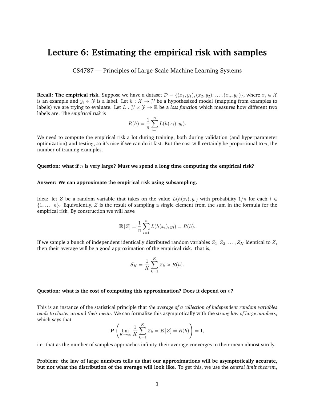 Lecture 6: Estimating the Empirical Risk with Samples