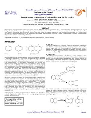 Recent Trends in Synthesis of Quinoxaline and Its Derivatives *Dinesh Bharagava1 and Dr